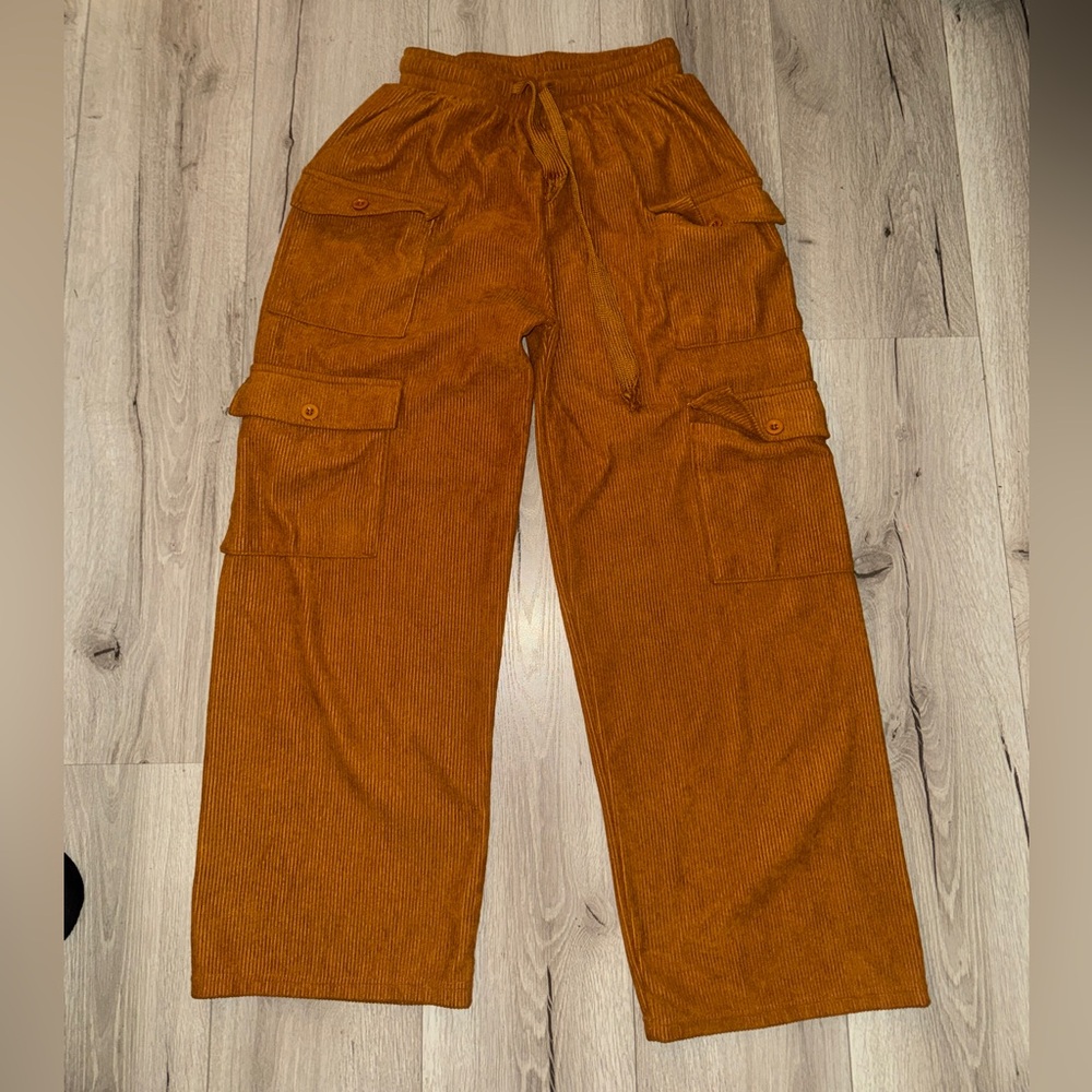 Rust/Tan Corduroy Cargo Pants - Casual Drawstring Waist